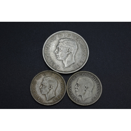 34 - Silver - George V One Shilling 1928 and George VI Half Crown 1941 Plus One Shilling 1946