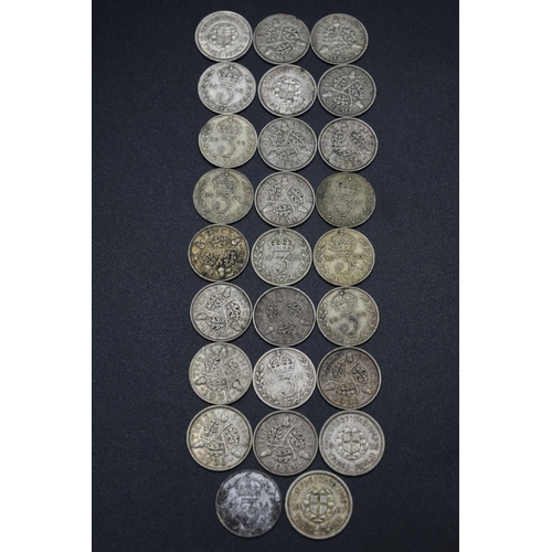 57 - Silver - Mixed Selection of Three Pence Pieces - Various Dates