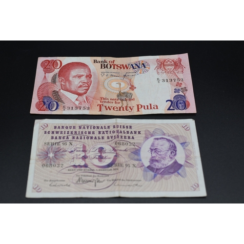 15 - Swiss 1974 Ten Franc and a Bank of Botswana Twenty Pula Bank Notes