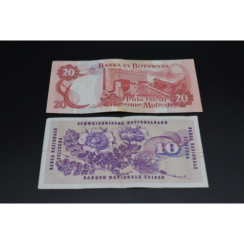 15 - Swiss 1974 Ten Franc and a Bank of Botswana Twenty Pula Bank Notes