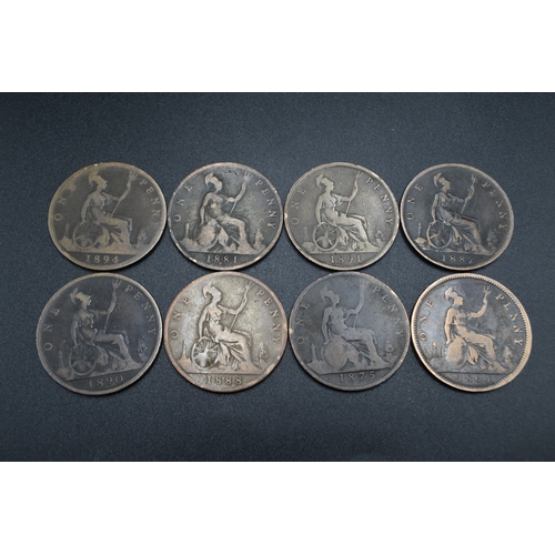 9 - Eight Queen Victoria Young Head Pennies (Various Dates)