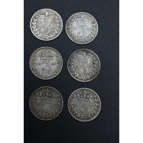 6 - Six Victorian Silver Three Pence Coins (1868, 1882, 1886, 1895, 1896, 1898)