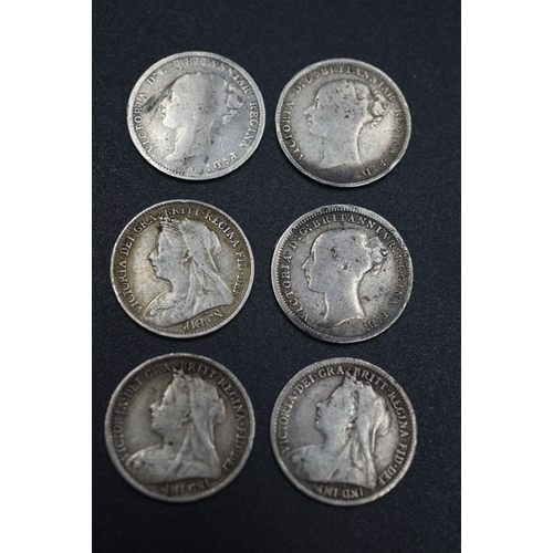 6 - Six Victorian Silver Three Pence Coins (1868, 1882, 1886, 1895, 1896, 1898)