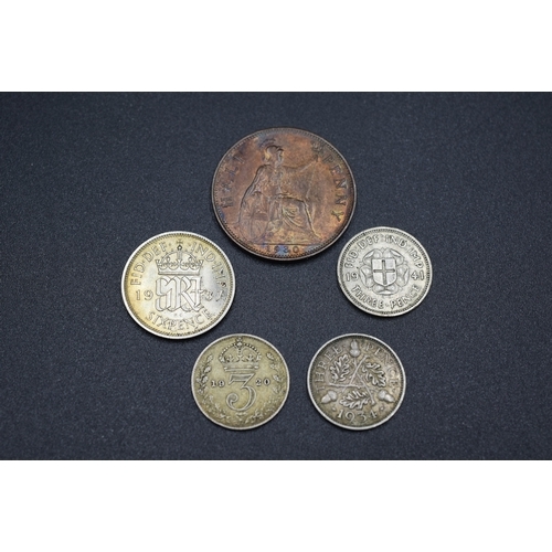 7 - Selection of Coins including 1937 Sixpence, Three Silver Three Pence Coins, and a 1930 George V Half... 