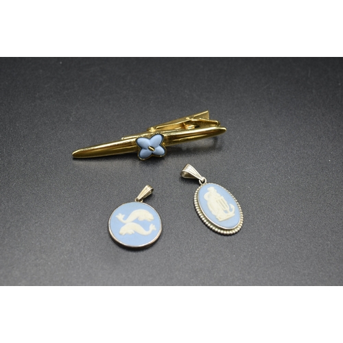 74 - Wedgewood Jewellery to include Tie Clip and Two Pendants Complete with Presentation Box