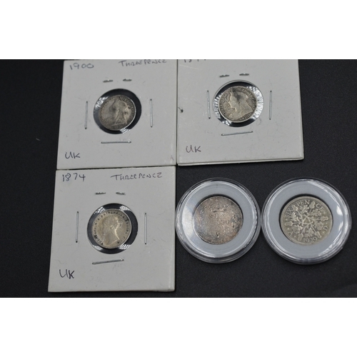 54 - Selection of Silver Three Pence Pieces to include Victoria - 1874, 1897, 1895, 1900 and George V 192... 