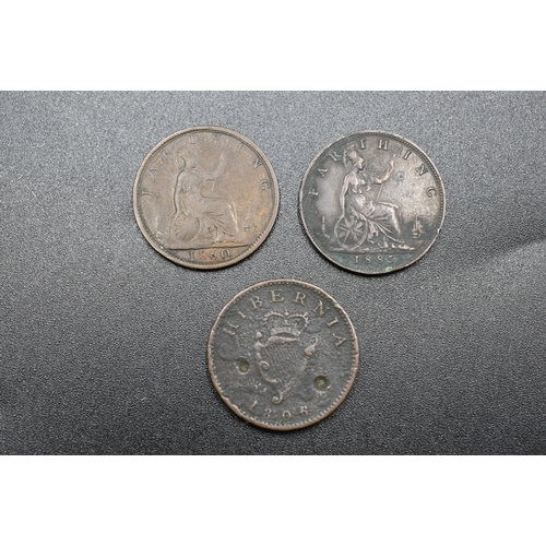 14 - Three Farthings to include Victoria 1885 & 1860 and an Irish Farthing George III 1806