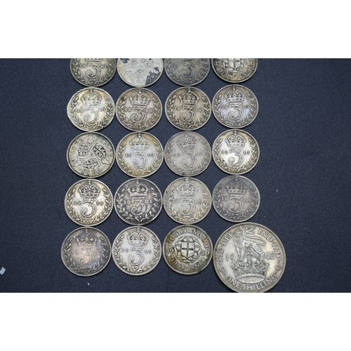 48 - Mixed Selection of Silver Coinage to include Three Pence Pieces and a Shilling