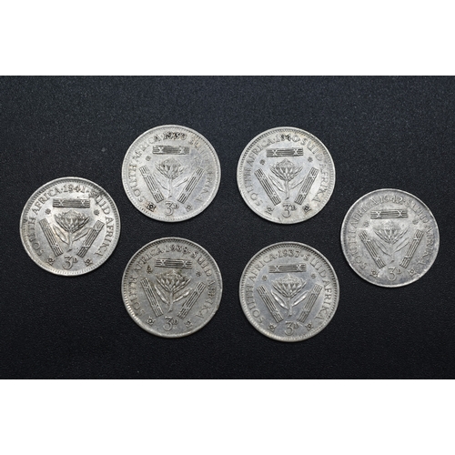 9 - Six South African Silver Three Pence Coins (Date Run 1937 to 1942)