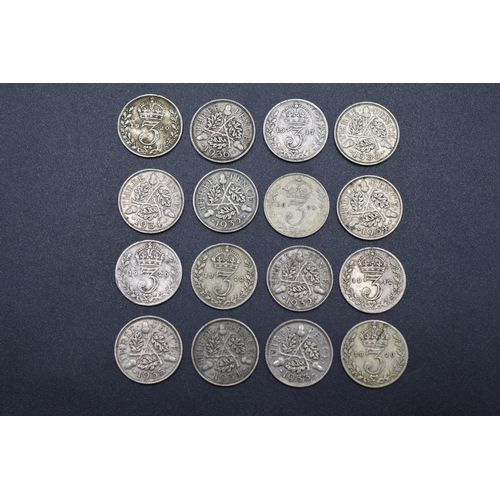 26 - Selection of 16 Silver Various Three Pence Coins (Various Dates)