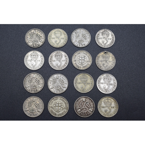 27 - Selection of 16 Various Silver Three Pence Coins (Various Dates)