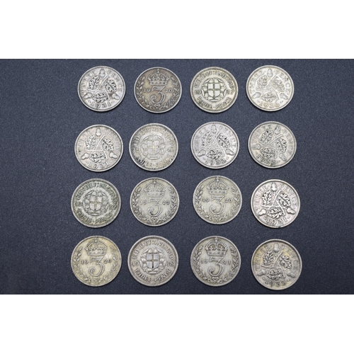 28 - Selection of 16 Various Silver Three Pence Coins (Various Dates)