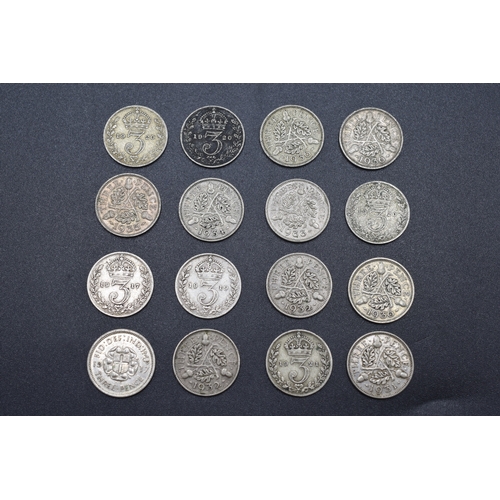 29 - Selection of 16 Various Silver Three Pence Coins (Various Dates)