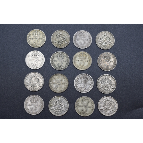 30 - Selection of 16 Various Silver Three Pence Coins (Various Dates)