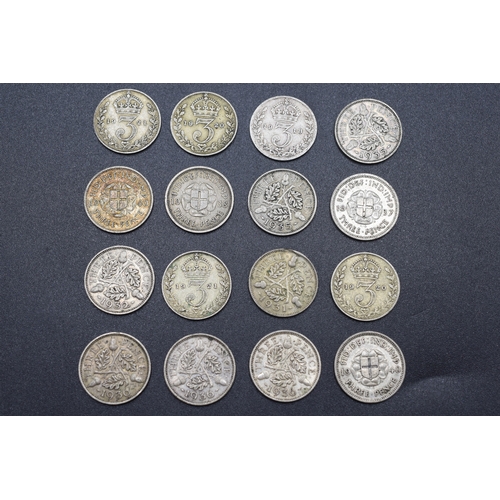 31 - Selection of 16 Various Silver Three Pence Coins (Various Dates)