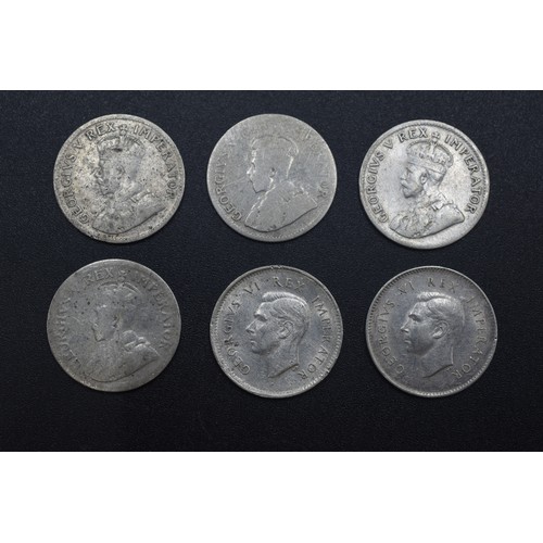 6 - Six South African Silver Three Pence Coins