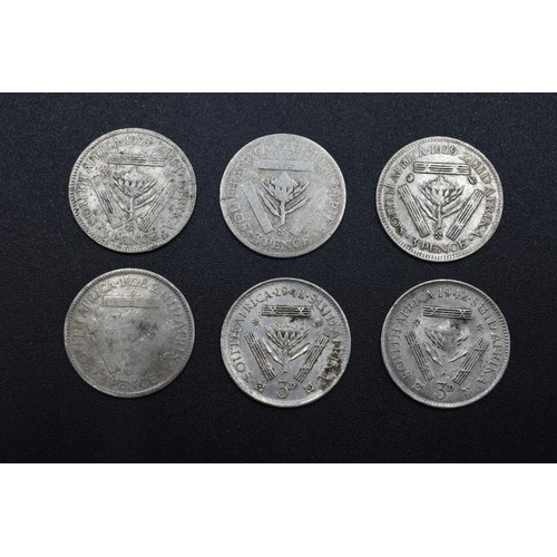 6 - Six South African Silver Three Pence Coins