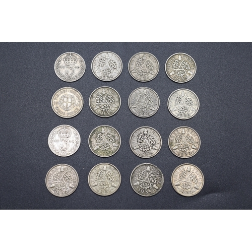 35 - Selection of 16 Various Silver Three Pence Coins (Various Dates)