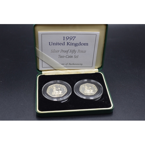 49 - Silver Proof - 50p Two Coin Set - 1997 - Complete with COA and Presentation Box