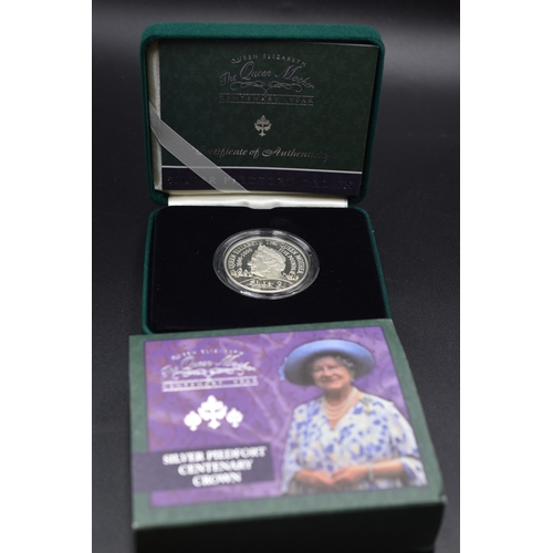 57 - The Queen Mother Centenary Year - Silver Piedfort Centenary Crown - Complete with COA and Presentati... 