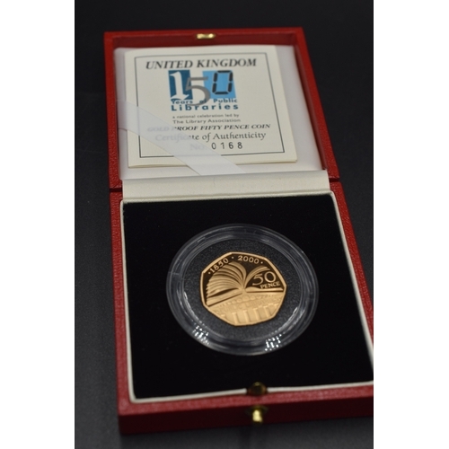 36 - 22ct Gold - Proof British 50p -  Public Libraries - Royal Mint - UK 2000 - (168/2000)  
Complete wit... 