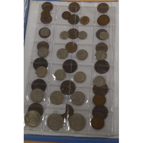 44 - Folder Full of Coins to Include Six Pence Pieces, Shillings, Farthings, Half Pennies, Pennies, Half ... 