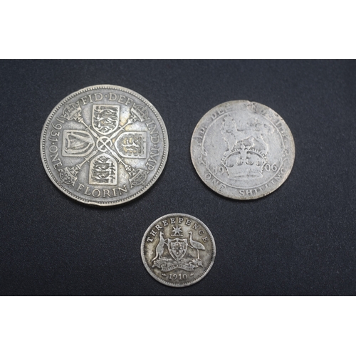 5 - Silver Coinage to include Australian Three Pence 1910, UK Edward VII One Shilling 1906 and a George ... 