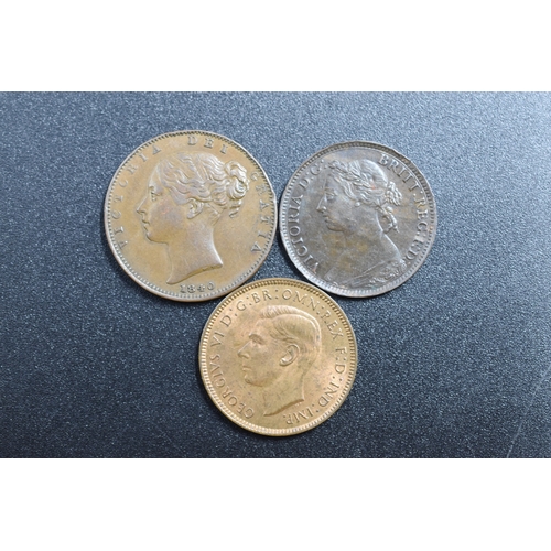 Three Farthings to Include Victoria x2 1840 & 1885 and George VI 1938