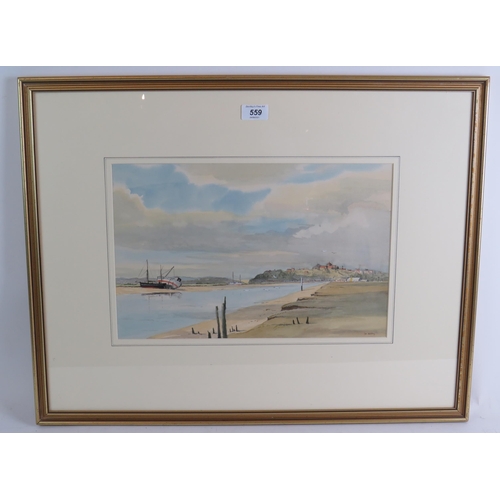 559 - David Addey (b. 1933) - 'Below Rye', watercolour, signed, label verso dated 1999, 26cm x 41cm, frame... 