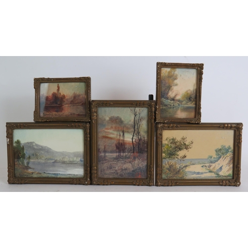 565 - Louis Ageron (1865-1935) - a group of five small French watercolours of rural scenes in gilt plaster... 