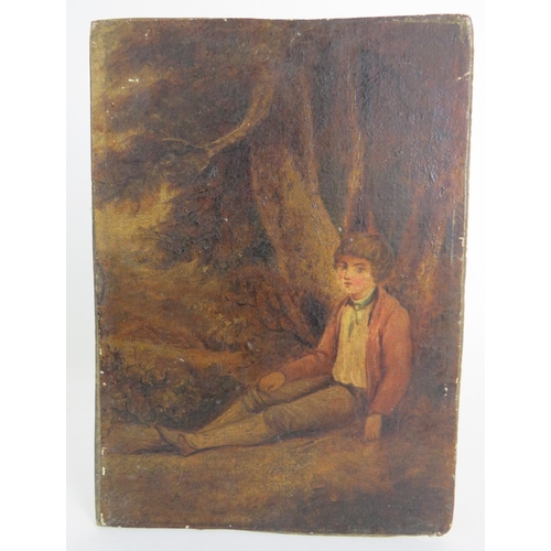 569 - British School (19th Century) - 'Boy Sitting in the Woods', oil on board, 25cm x 18cm, unframed.
Con... 