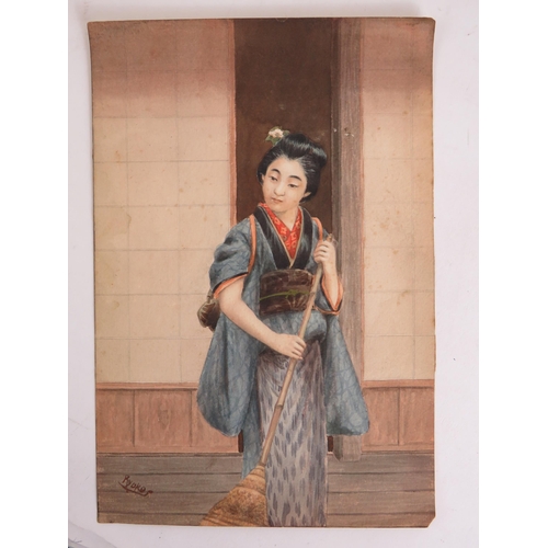 570 - TSUTAYA RYUKO (Japanese, 1868-1933) - 'Geisha holding a fan' and 'Geisha with broom', a pair, waterc... 