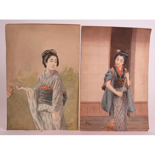 570 - TSUTAYA RYUKO (Japanese, 1868-1933) - 'Geisha holding a fan' and 'Geisha with broom', a pair, waterc... 