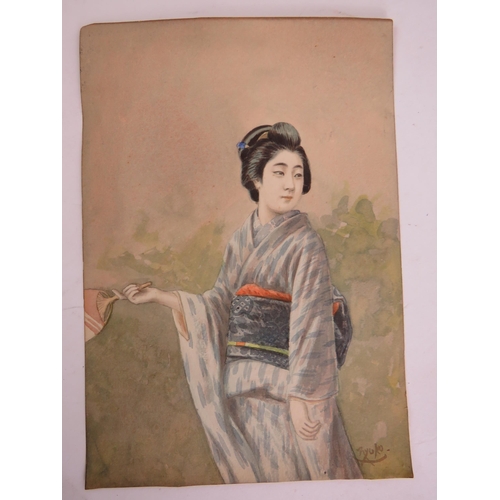 570 - TSUTAYA RYUKO (Japanese, 1868-1933) - 'Geisha holding a fan' and 'Geisha with broom', a pair, waterc... 