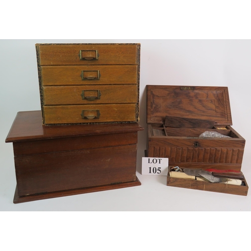 105 - A hardwood fitted work box containing shoe and leather working accessories, a four drawer stationery... 