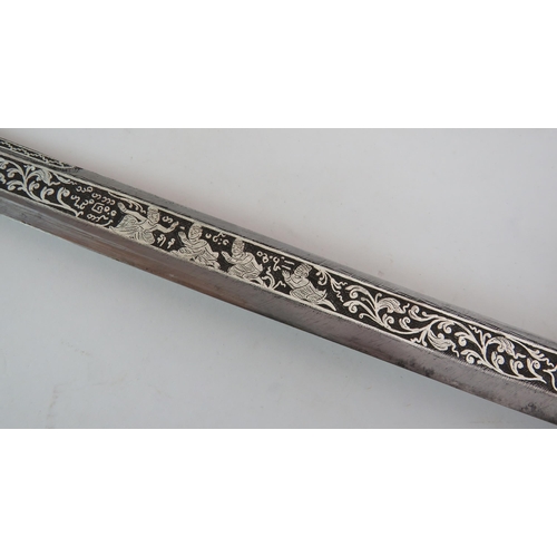 106 - A traditional Burmese Dha sword and scabbard with decorated white metal hilt and intricately decorat... 