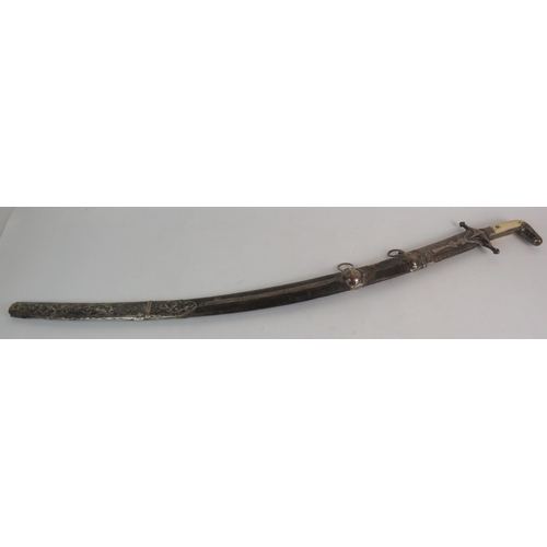 107 - An antique Ottoman Shamshir sword with white metal hilt and mounts and bone grips. The wooden leathe... 