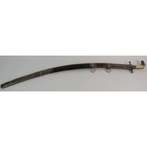 107 - An antique Ottoman Shamshir sword with white metal hilt and mounts and bone grips. The wooden leathe... 