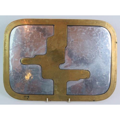 11 - A rare David Marshall Disenos Spanish Brutalist brass and aluminium tray or table mat with leather b... 