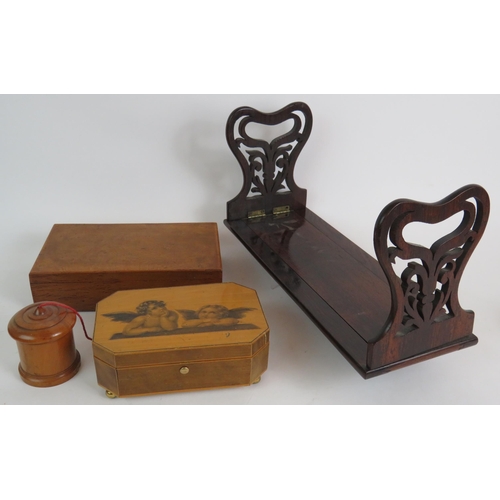 111 - A selection of collectable treen items including a rosewood book slide, string box, bell pushes, whi... 