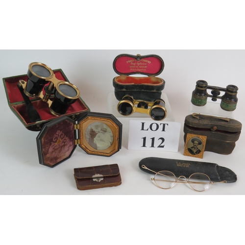 112 - Three pairs of 19th Century opera glasses including one pair by Prosper Bunoust Paris, a cased photo... 