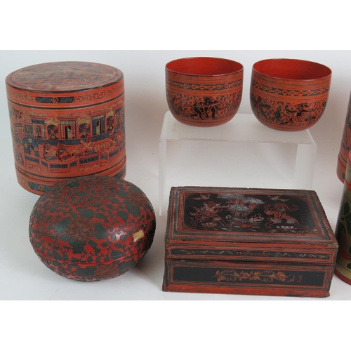 113 - Seven pieces of Far Eastern highly decorated lacquer ware including boxes and bowls. (7). Condition ... 