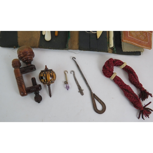 114 - A selection of mainly antique sewing items including Tunbridge ware, treen pin cushion, needle case ... 