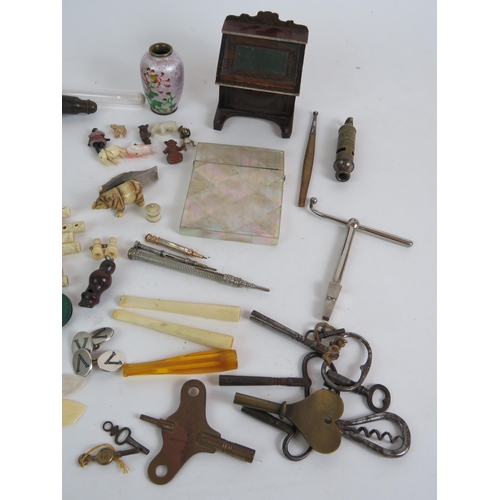 116 - A selection of mainly antique collectables including folding knives, clock keys, card case, eye bath... 