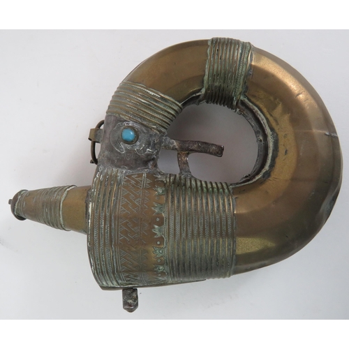 119 - Two Eastern brass powder flasks, both turquoise decoration. Largest 17cm. (2). Condition report: Age... 