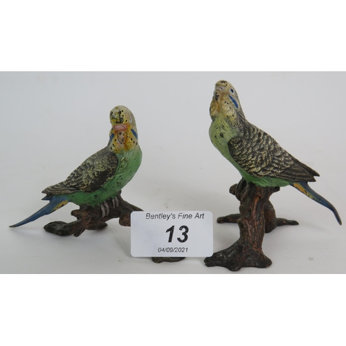 13 - Two early 20th Century cold painted bronze budgerigars in the style of Franz Bergman. Tallest 8.2cm.... 