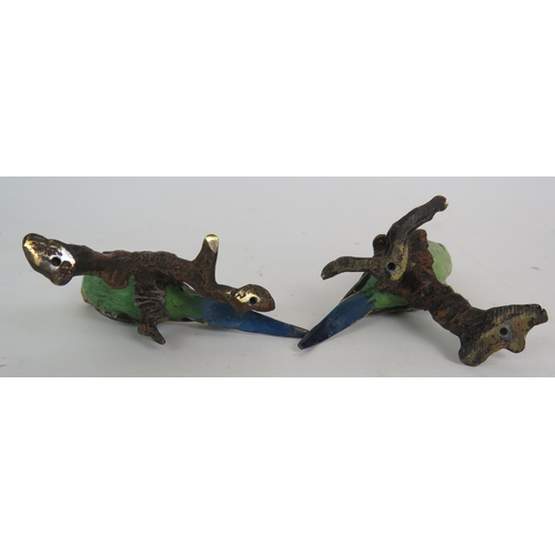 13 - Two early 20th Century cold painted bronze budgerigars in the style of Franz Bergman. Tallest 8.2cm.... 