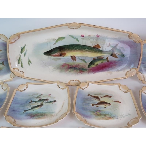 131 - A late 19th Century German porcelain 12 piece fish service by Franz Ant Mehlem, each piece individua... 