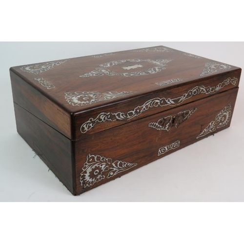 135 - A 19th Century rosewood work box with mother of pearl decoration to lid and front. 40cm x 24cm x 14c... 