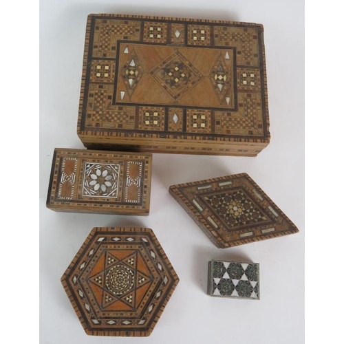 140 - Six various Damascus Ware inlaid wooden boxes, a  small Russian lacquer pill box and two decoupage l... 